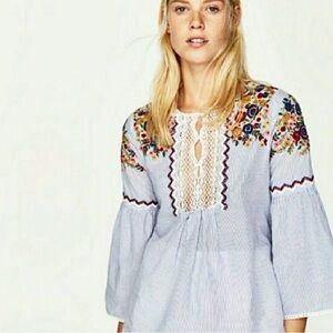 Zara Boho Striped Embroidered Peasant Top - Bell Sleeves & Crochet Lace